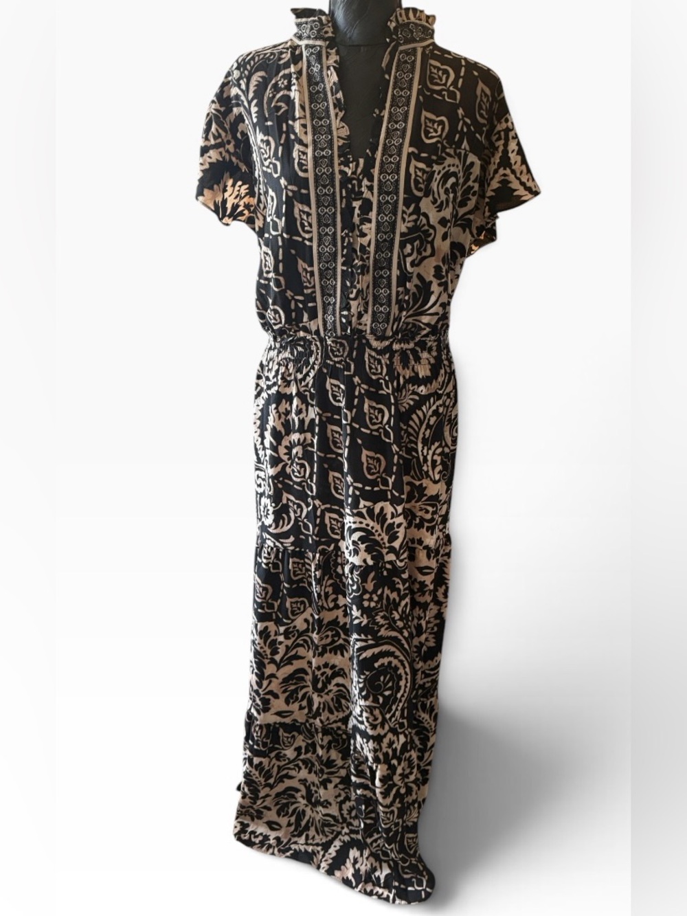 London Times 22W Black Beige Paisley Maxi Dress NWT